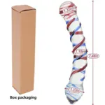 Colorful glass dildo with spiral design, 7.48 inches long, in box packaging.
