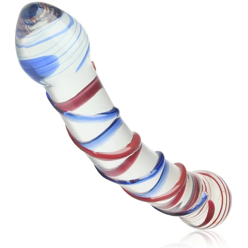 Spiral Ribbed Double Ended Glass Dildo, Curved Wand Colorful spiral glass dildo with curved design for adult pleasure.