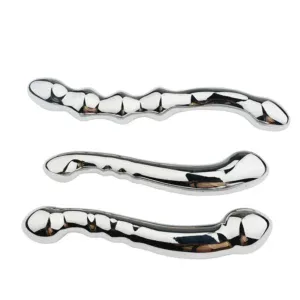 Weighted stainless steel dual-end wand with curved design for adult pleasure.