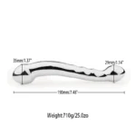 Weighted stainless steel dildo with curved dual-end design for adult pleasure.