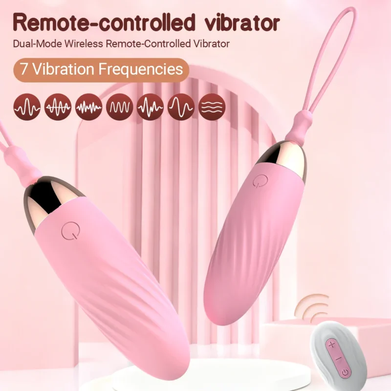 Pink wireless remote control love egg vibrator with loop cord and 7 vibration modes.