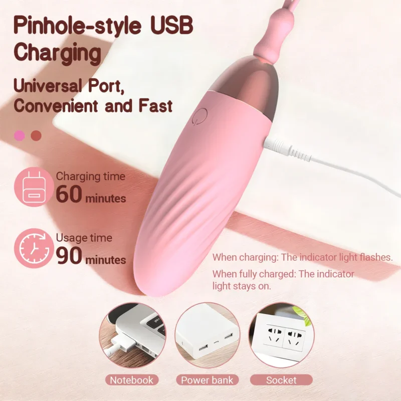 Pink USB rechargeable pinhole-style vibrator with loop cord for remote control.
