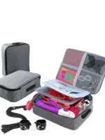 Compact sex toy storage case with organizer pockets and accessories.
