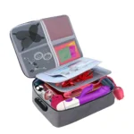 Sex toy storage bag with organizer pockets and handle for discreet storage.