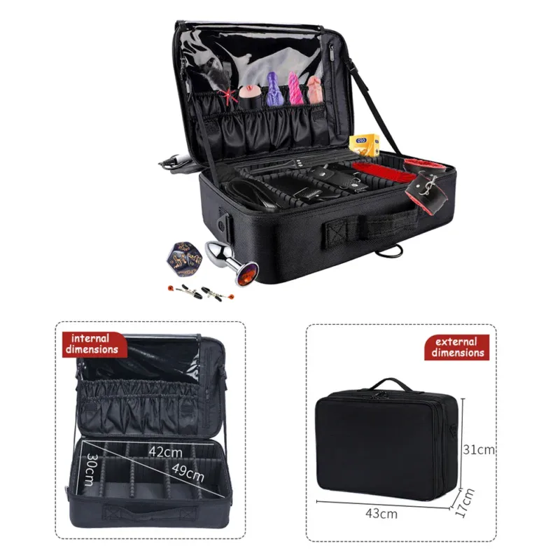 Sex toy storage bag with organiser pockets and handle for discreet storage.
