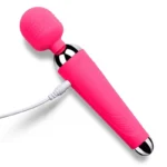 Pink USB vibrator with round textured head and charging cable.